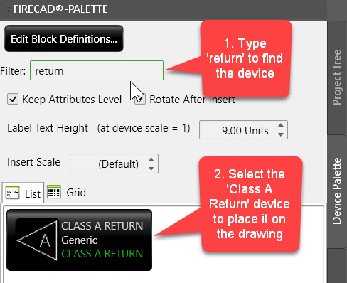 Class A Return device in the palette