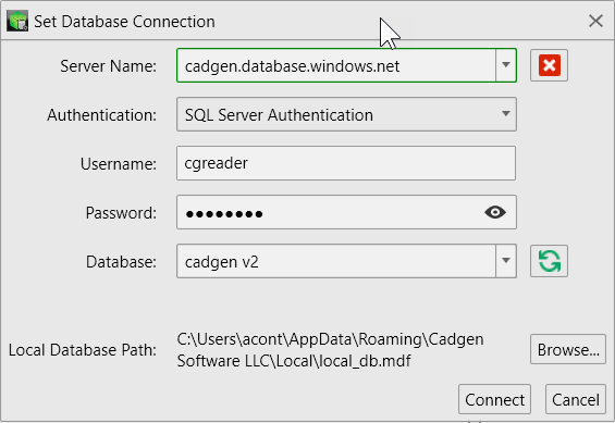 Connection dialog with the master database selected