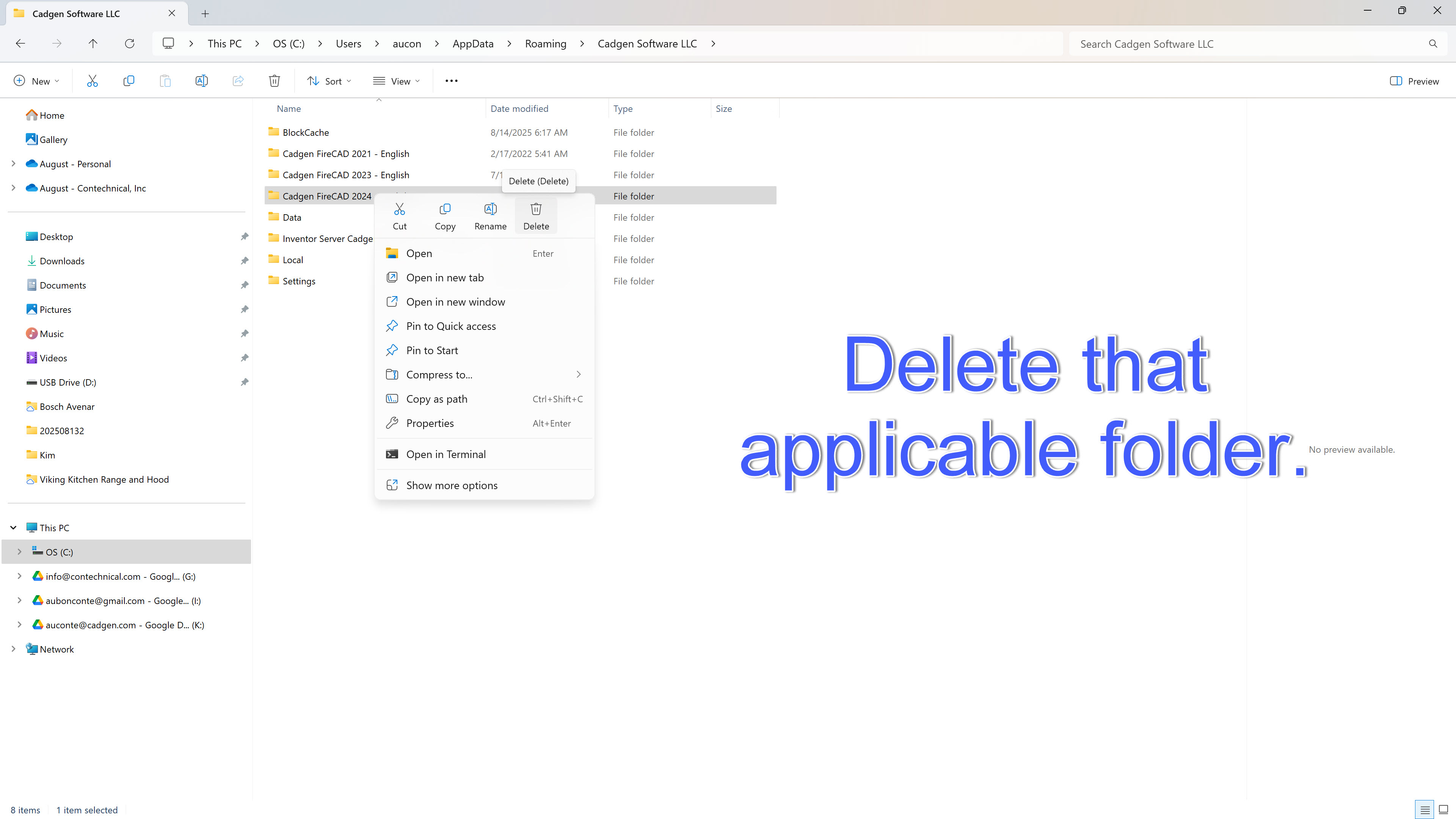 Deleting the Local FireCAD folder