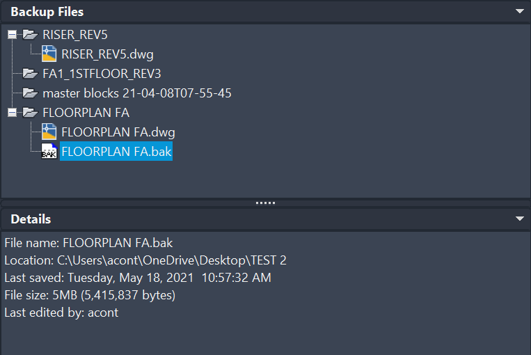 AutoCAD Drawing Recovery window
