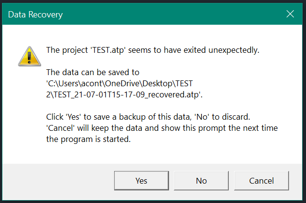 FireCAD project recovery prompt