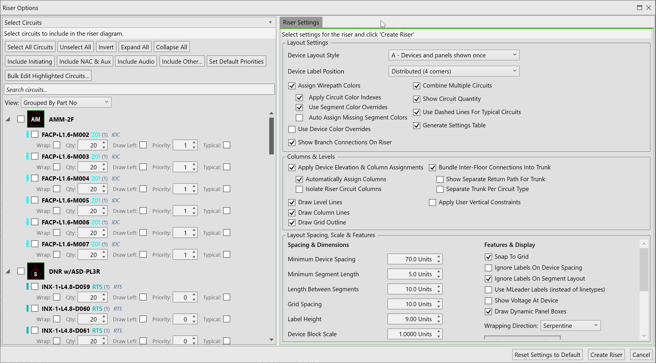 Riser Options dialog