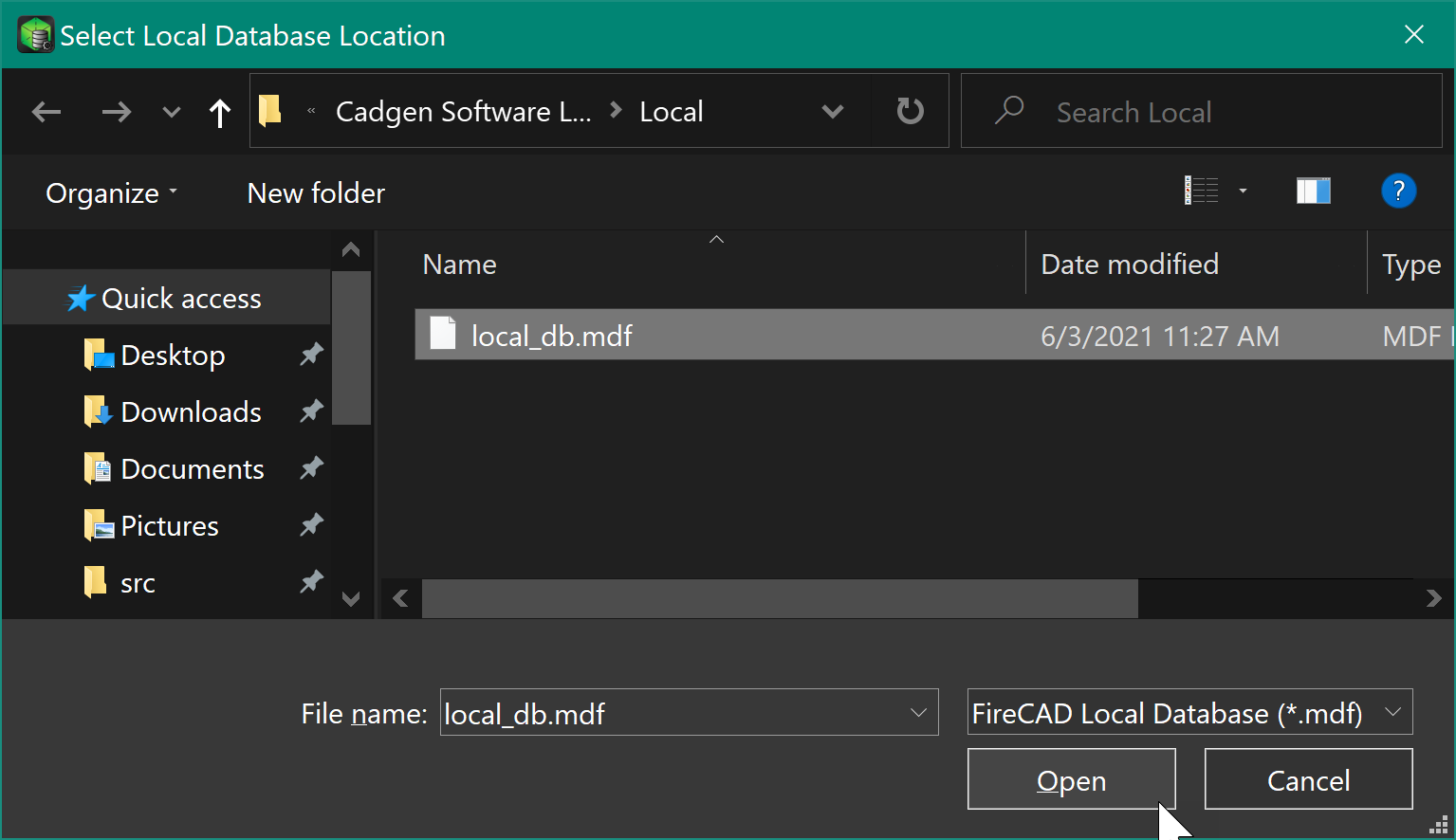 Selecting the MDF file