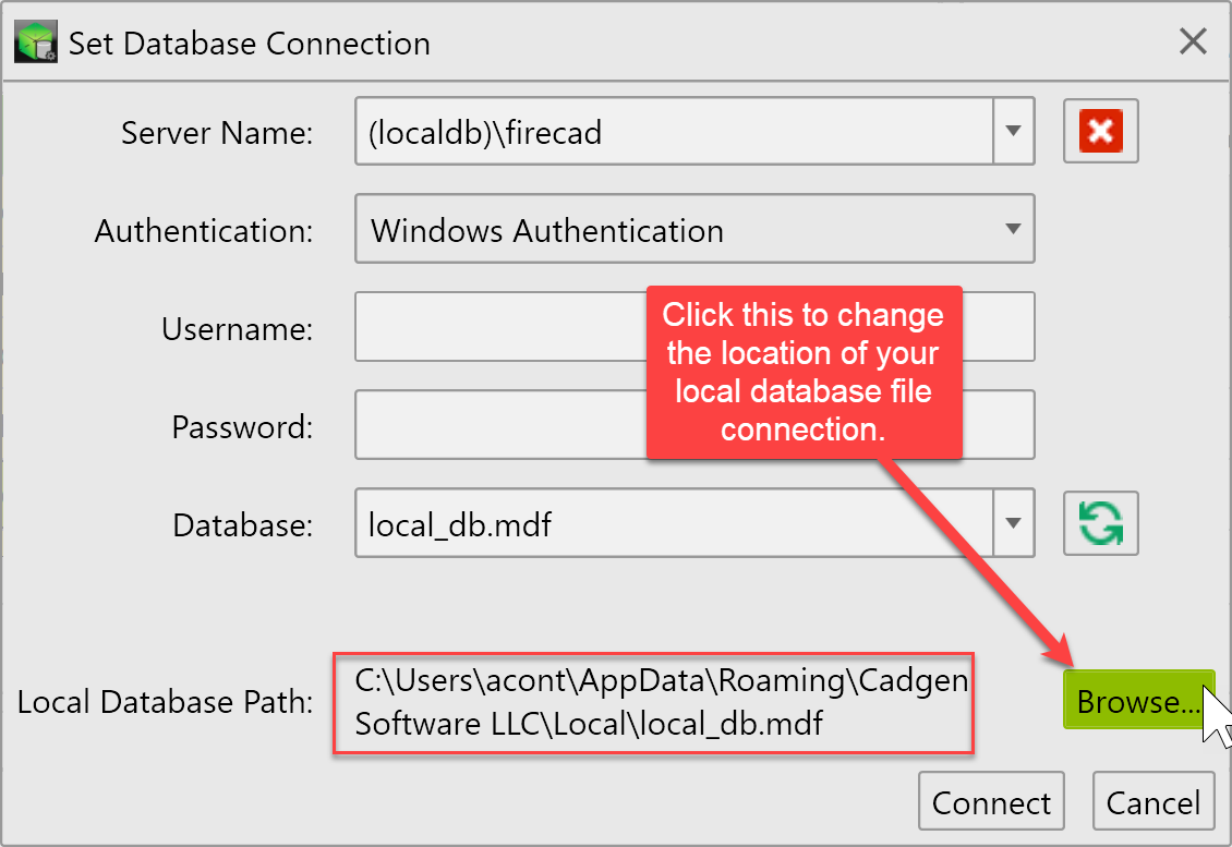 Browse button in the connection dialog