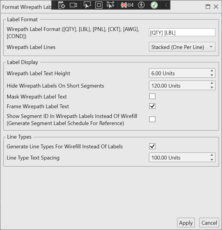 Format Wirepath Labels dialog