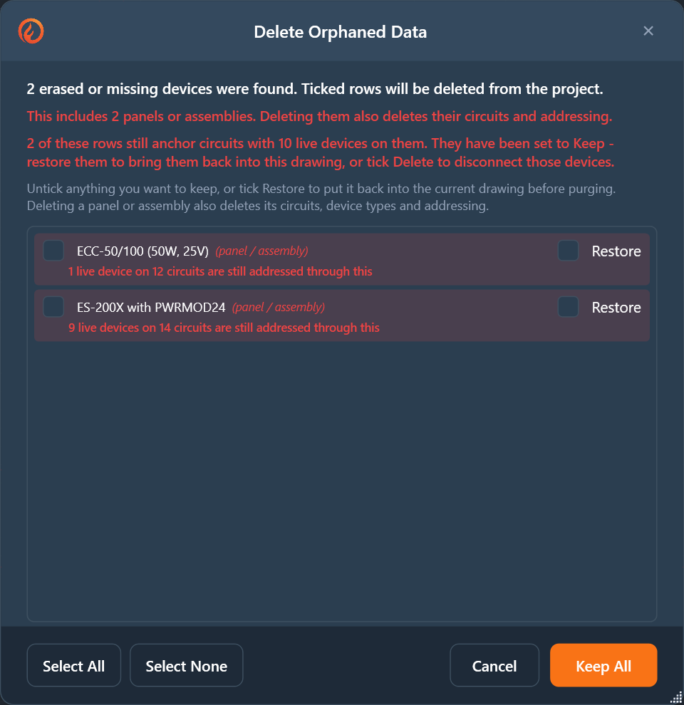 Delete Orphaned Data with two missing panels set to Keep and offering Restore