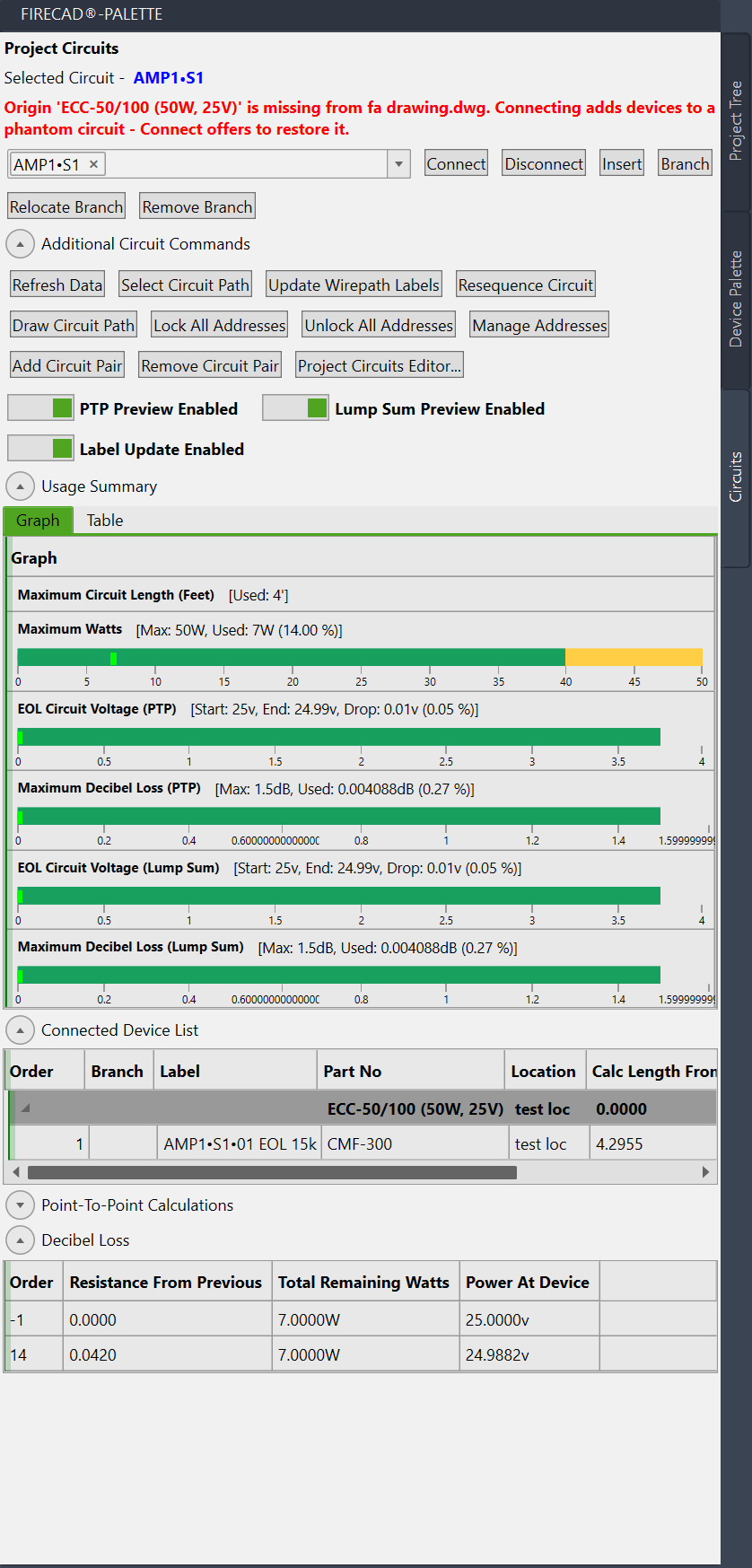 Project Circuits palette warning that the selected circuit's origin is missing