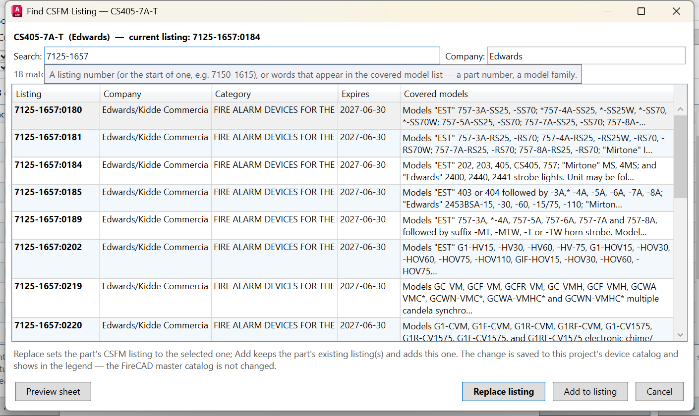 Find CSFM Listing dialog